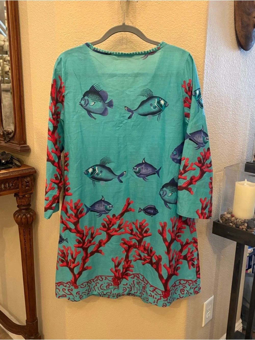 SOFT SURROUNDINGS Seychelles Coral & Fish Print V-Neck Tunic Dress Size M/L